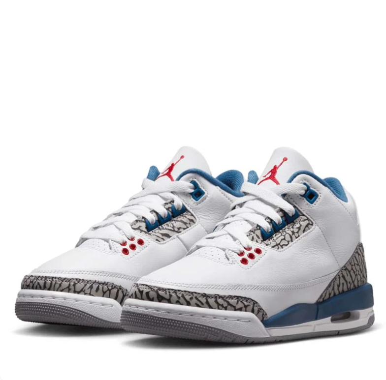 Air Jordan 3 White & Blue Elephant-Print Sneakers with Red Accents