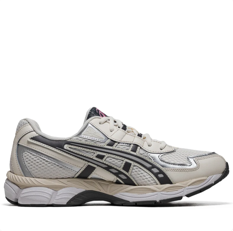 ASICS Cream & Silver Mesh Sneakers with Pink Accents