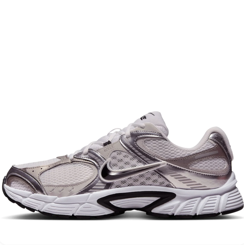 Nike White & Metallic Silver Mesh Sneakers with Black Swooshes