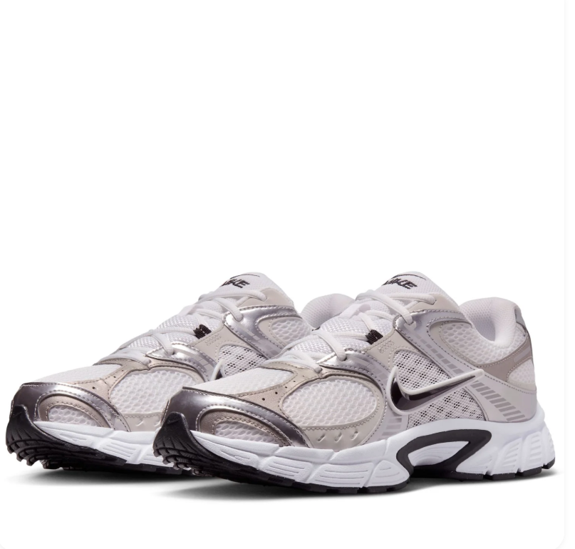 Nike White & Metallic Silver Mesh Sneakers with Black Swooshes