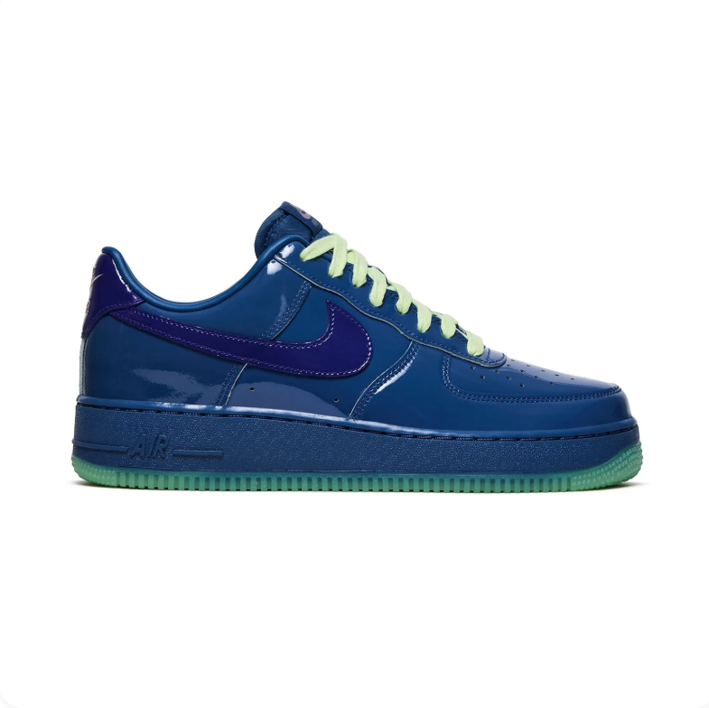 Nike Air Force 1 Low Glossy Blue Sneakers with Purple Swooshes & Green Soles
