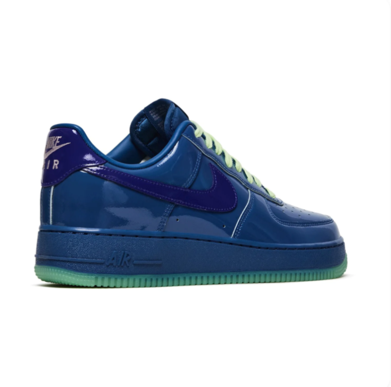 Nike Air Force 1 Low Glossy Blue Sneakers with Purple Swooshes & Green Soles