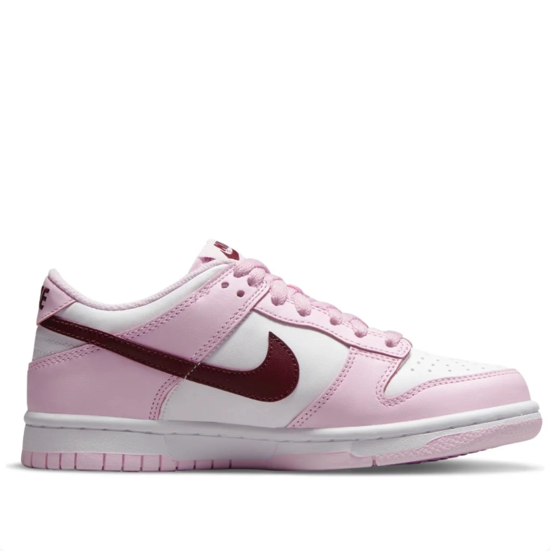 Nike Dunk Low Pink & White Sneakers with Burgundy Swooshes