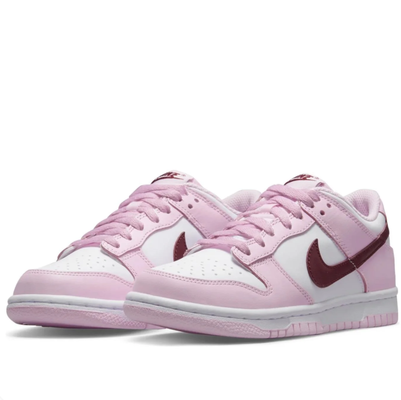 Nike Dunk Low Pink & White Sneakers with Burgundy Swooshes