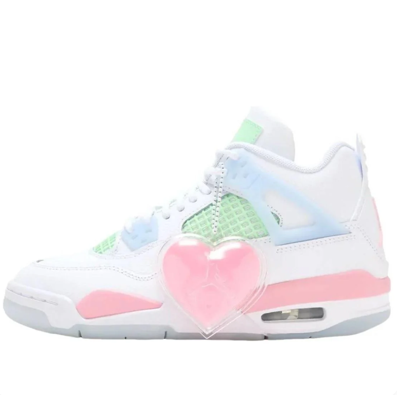 Air Jordan 4 White Sneakers with Mint, Pink & Pale Blue Accents