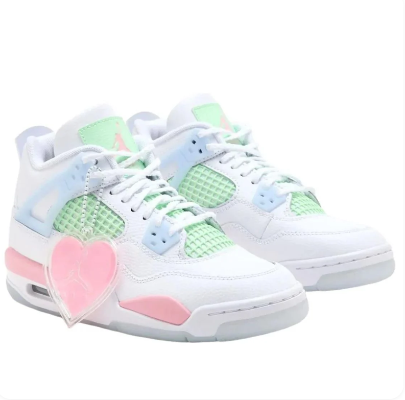 Air Jordan 4 White Sneakers with Mint, Pink & Pale Blue Accents