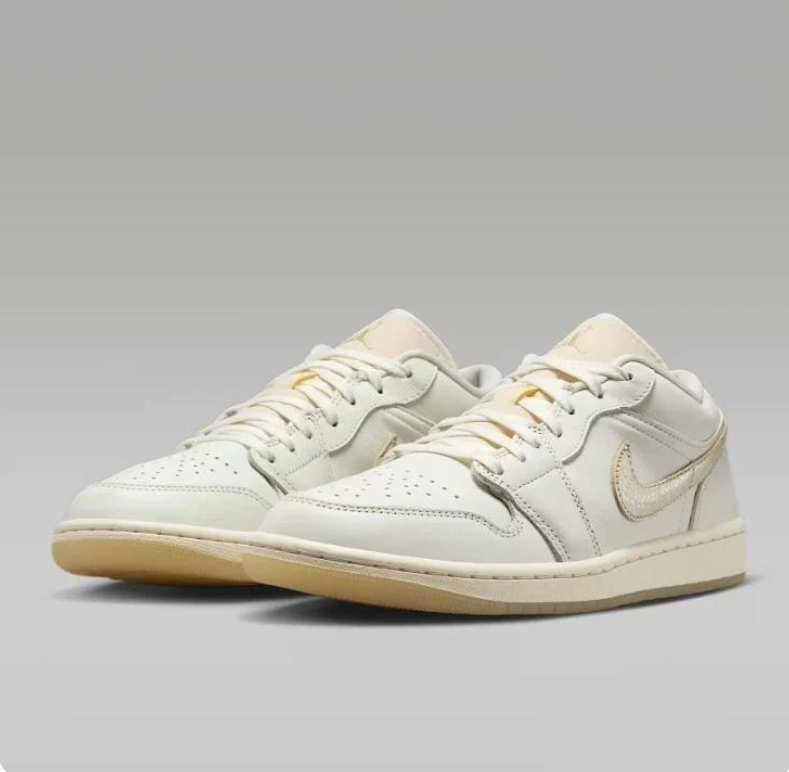 Air Jordan 1 Low White & Cream Sneakers with Beige Swooshes