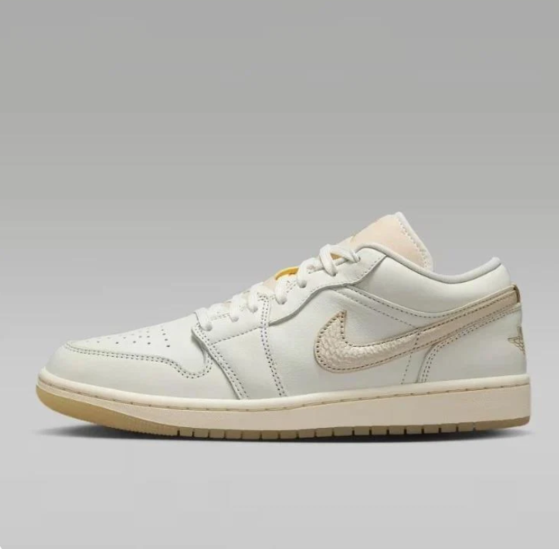 Air Jordan 1 Low White & Cream Sneakers with Beige Swooshes