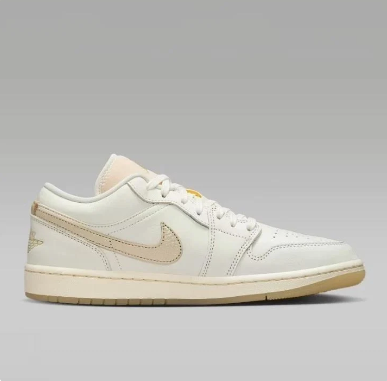 Air Jordan 1 Low White & Cream Sneakers with Beige Swooshes