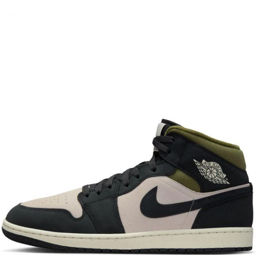 Air Jordan 1 Mid Black & Beige Sneakers with Olive Accents