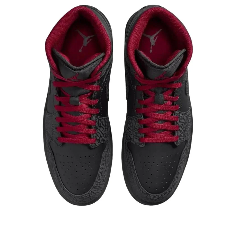 Air Jordan 1 Mid Black Elephant-Print Sneakers with Red Accents