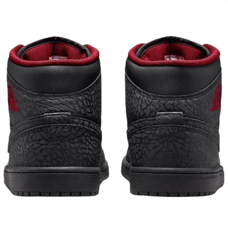 Air Jordan 1 Mid Black Elephant-Print Sneakers with Red Accents