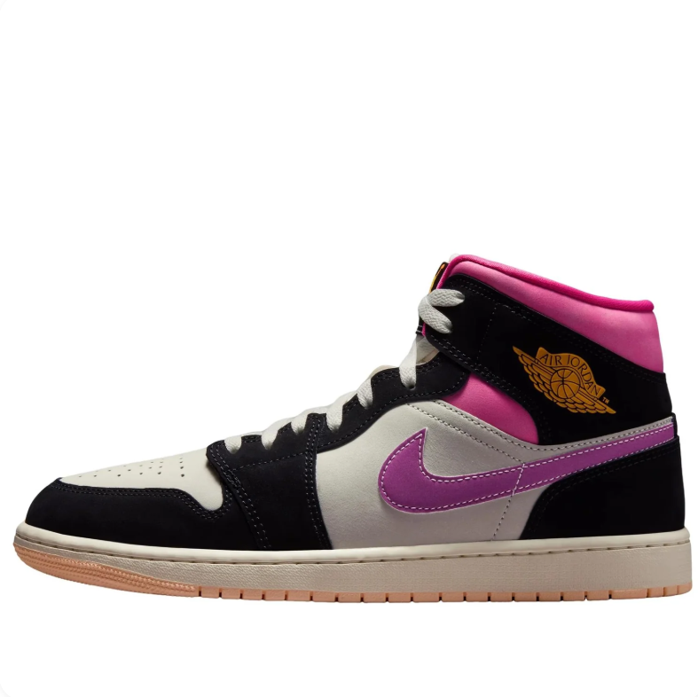 Air Jordan 1 Mid Black & Cream Sneakers with Pink Accents