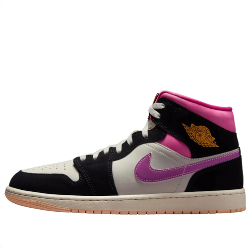 Air Jordan 1 Mid Black & Cream Sneakers with Pink Accents