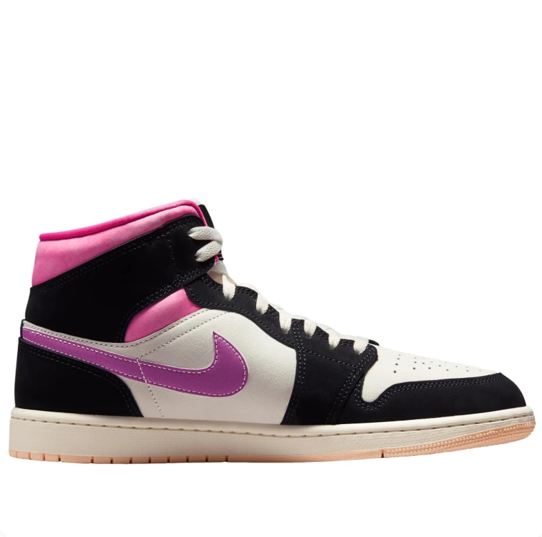 Air Jordan 1 Mid Black & Cream Sneakers with Pink Accents
