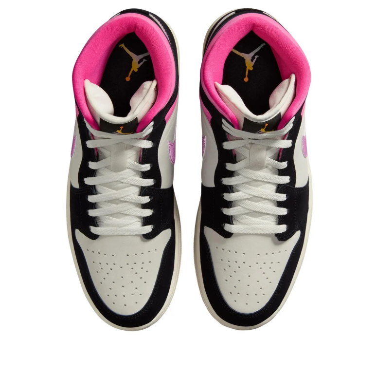 Air Jordan 1 Mid Black & Cream Sneakers with Pink Accents