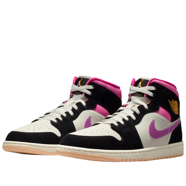 Air Jordan 1 Mid Black & Cream Sneakers with Pink Accents